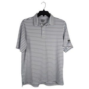 Straight Down Mens L Polo Golf Shirt White Striped Short Sleeve Embroidered Logo